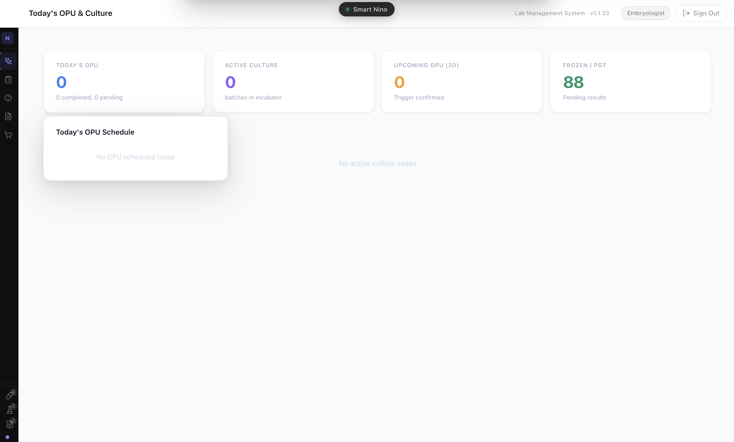 NinoCare embryologist dashboard — OPU & Culture overview